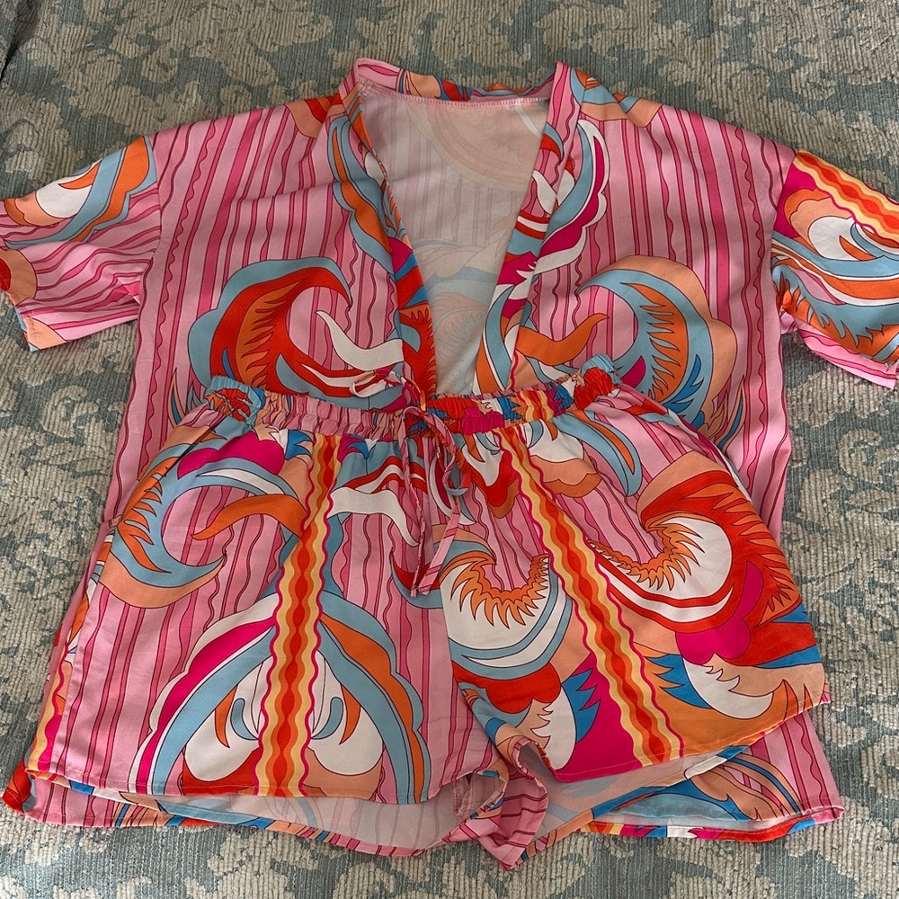 Vibrant Pink Patterned Kimono and Shorts Set